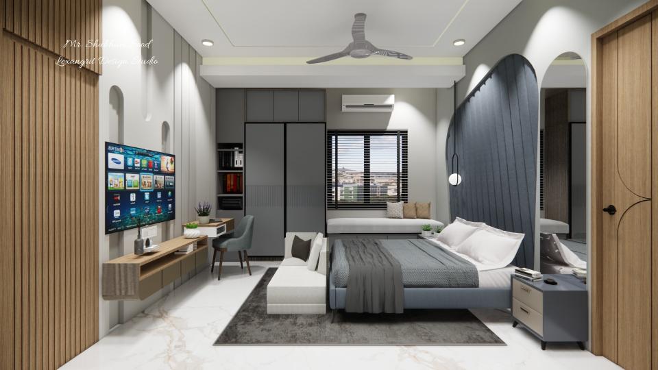 Master bedroom showcasing luxurious bed,side table & sleek tv unit and wardrobe with seating area