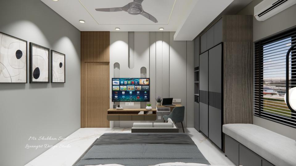 Master bedroom showcasing tv unit and tv unit back paneling wall design