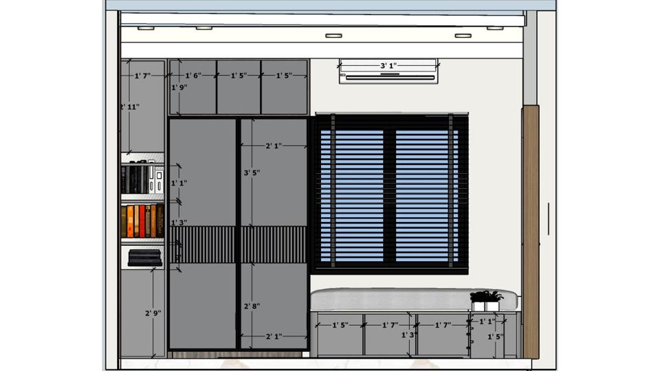 Master bedroom wardrobe and seating area 2d dimensions