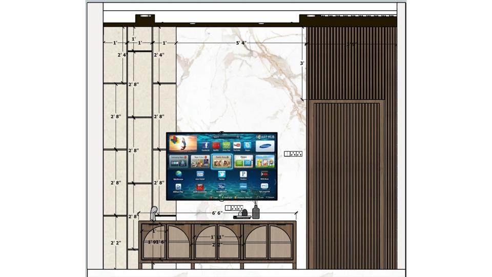 Parents Bedroom tv unt and tv unit head board decorative wall  2d dimensions