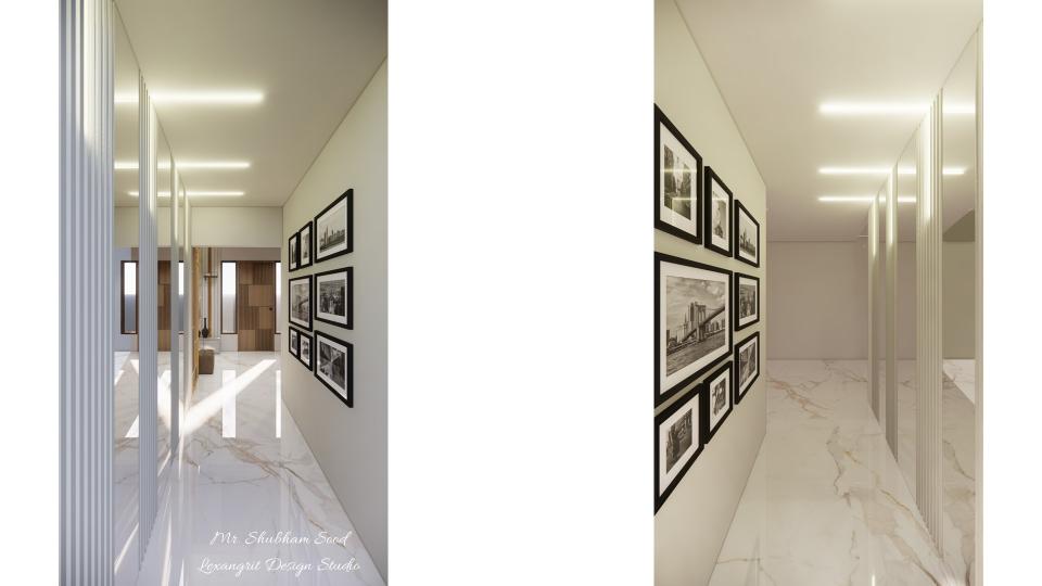 Passage area wall with photo frame design wall
