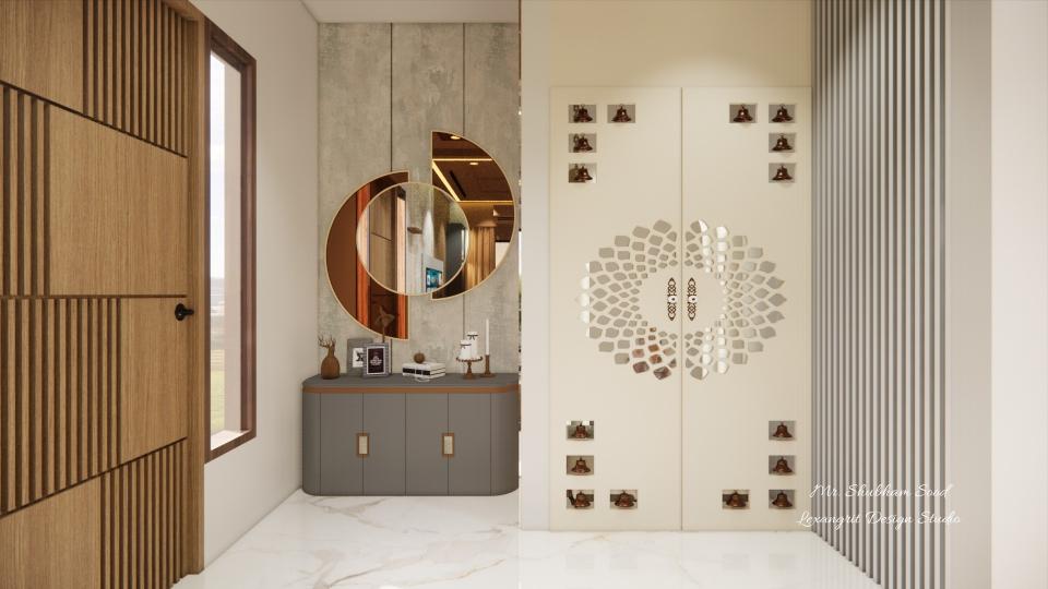 foyer and living area, we can see veeneer main door and hand wash area with copper color mirror and cnc jali cutting puja unit
