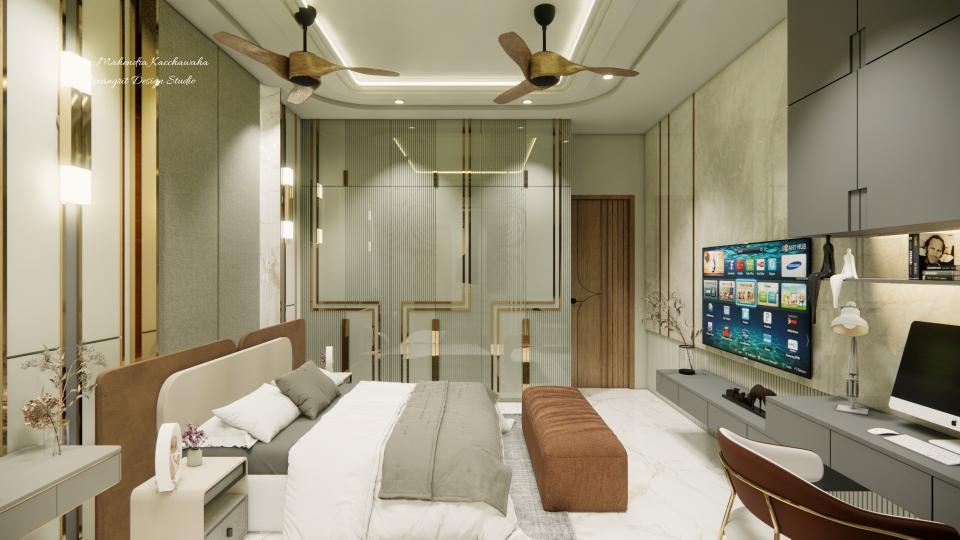 Grey laminated wardrobe design with golden strip detail in a master bedroom, paired with a grey TV unit on the right side connected to a study table, creating a modern functional bedroom interior.