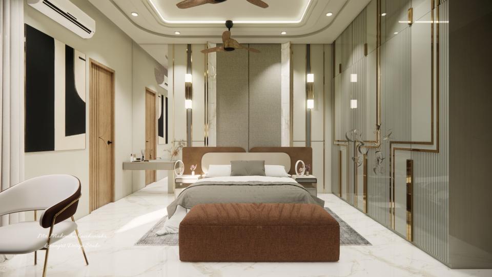 luxury bedroom bedback design with full mirror and a vanity dressing table unit