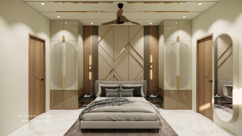 Luxury bedroom with charcoal panelling and wardrobe