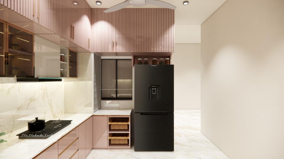 Pink acrylic modular kitchen design with wicker baskets and fridge position