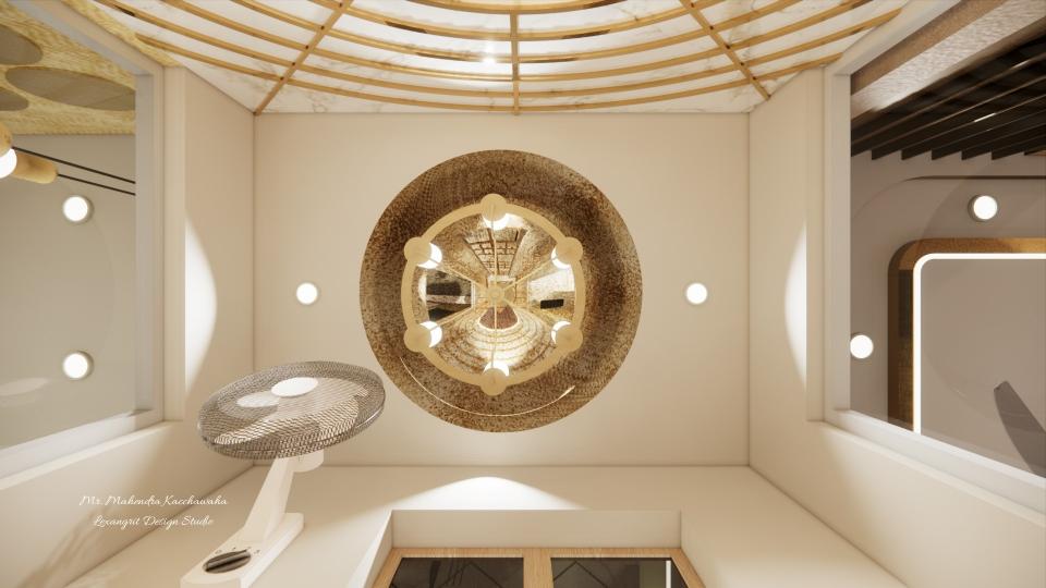 Puja room ceiling with chandelier