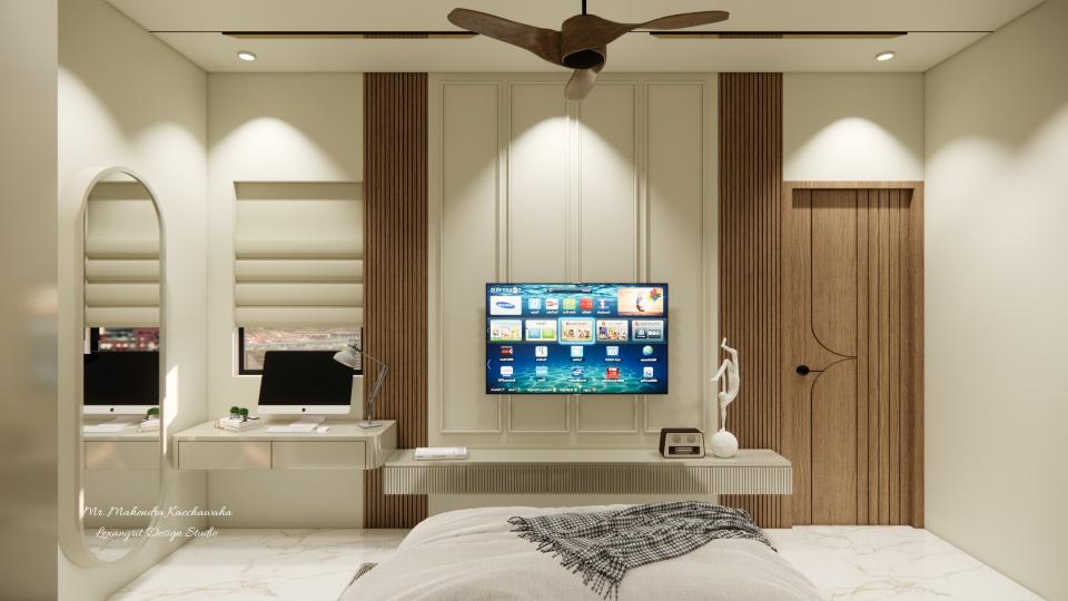 In this picture, you can see a sober bedroom TV unit in a beige colour. The back of the TV features a back panel with four rectangular moulding sections. The vanity is made with fluted laminate, and it has a modern, handleless design.And, the whole TV unit is bordered by WPC wooden louvres. This wall has a TV unit with a hanging study table also.