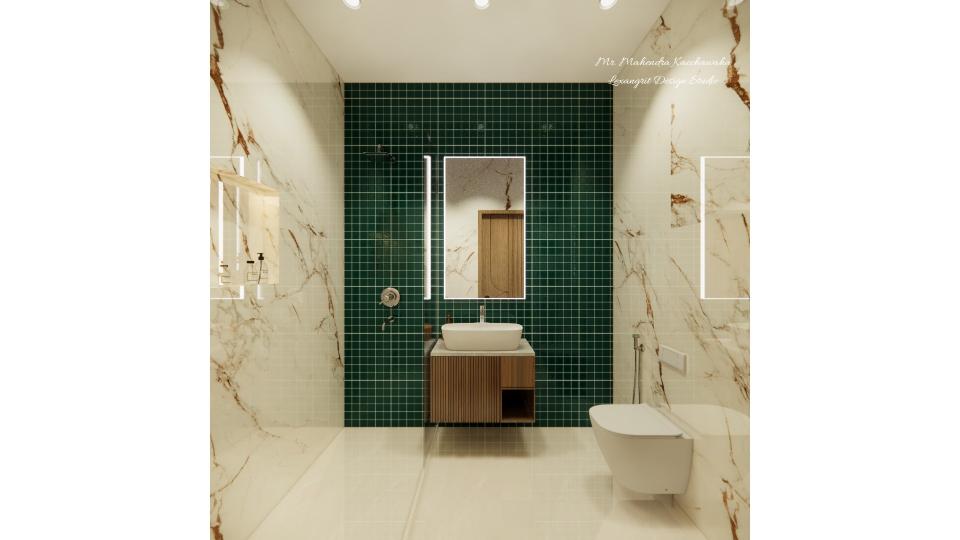 Toilet design in highlighted green tiles and premium vanity unit with mirror