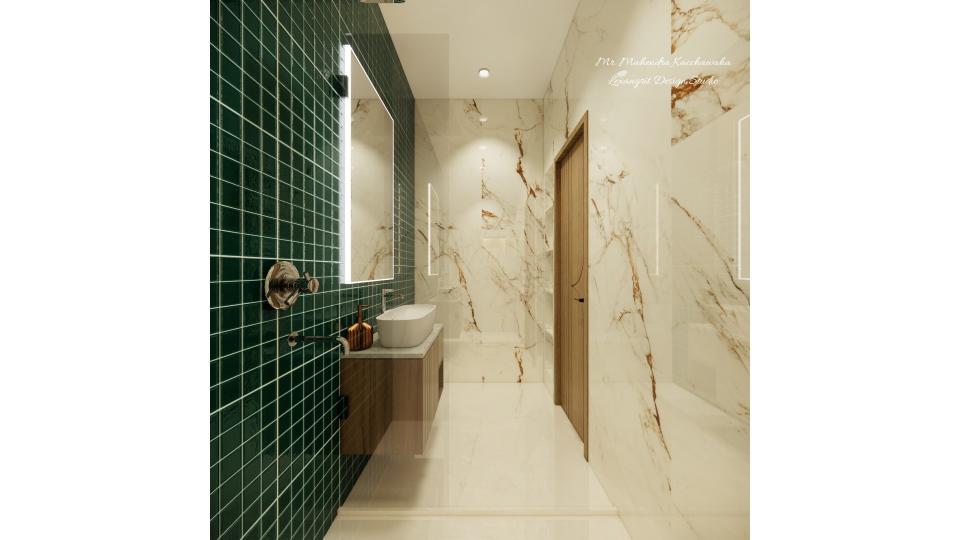 Toilet design with white tiles with ivory vains