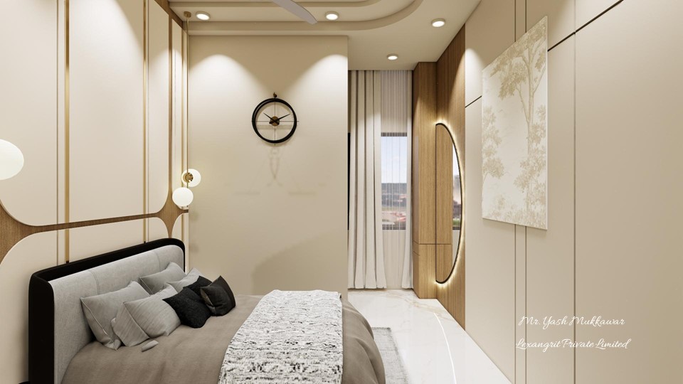 A bedroom that welcomes you the moment you step in — luxurious bed taking center stage, a soft half moon mirror adding curve and calm.