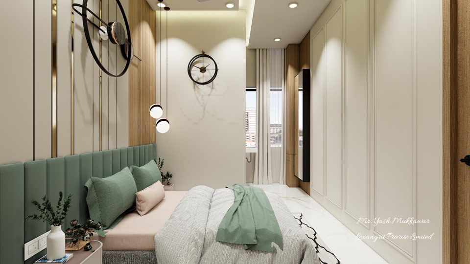A bedroom that greets you right — luxurious bed centered, a wall clock on the once-empty dead wall, turning vacant into intentional.