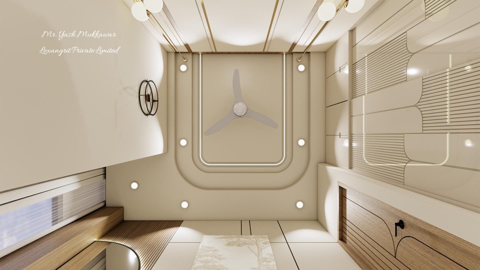 A bedroom false ceiling with two U-shaped trays — profile lights tracing each curve, layers of light and shadow adding depth without clutter.