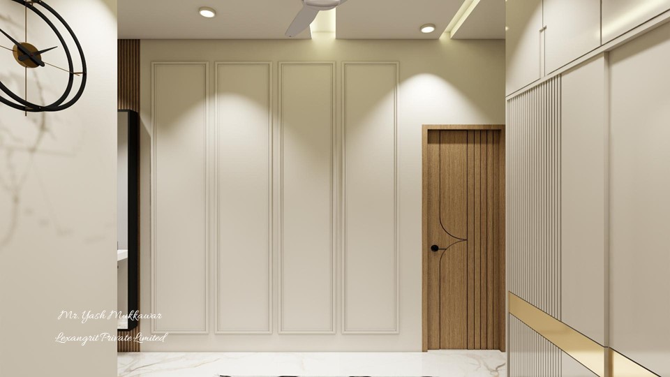 A bedroom dead wall brought to life — molding frames the empty expanse, adding architecture, rhythm, and a reason to look twice.