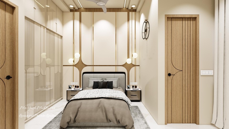 A budget friendly bedroom that looks far from it — luxurious upholstered bed, matching side tables, and a decorative bedback wall that steals the show without breaking the bank.