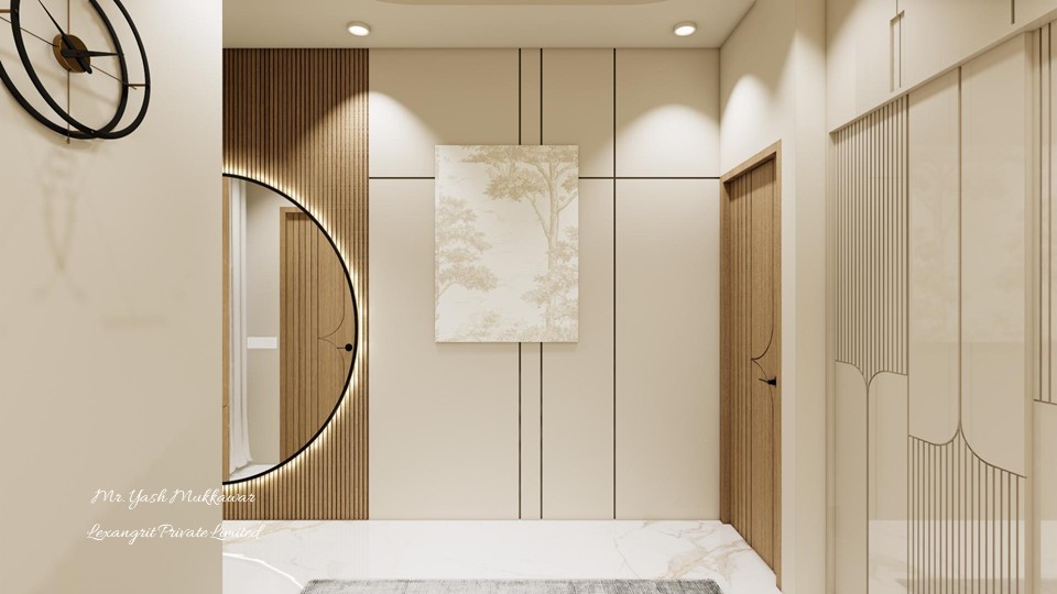 A half moon mirror framed by warmth — wooden louver paneling on both sides, soft curves meeting vertical rhythm, light and shadow playing across the slats.