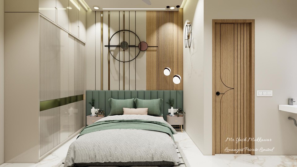 A bedroom where the bedback wall steals the show — POP grooving adds rhythm, louver panelling adds warmth, and the bed sits pretty in front of it all.