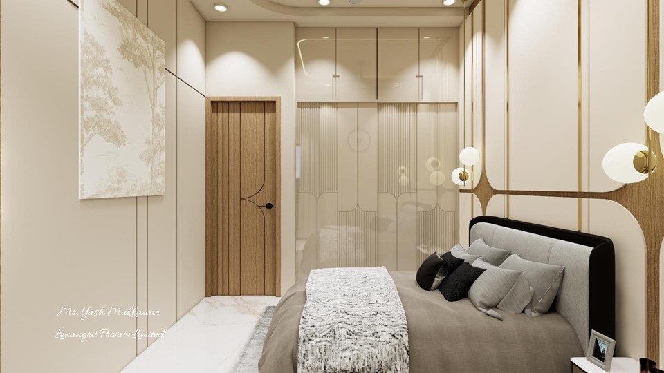 A luxurious beige sliding wardrobe that glides open to reveal hidden storage, with a convenient loft above for off-season clothes and luggage.