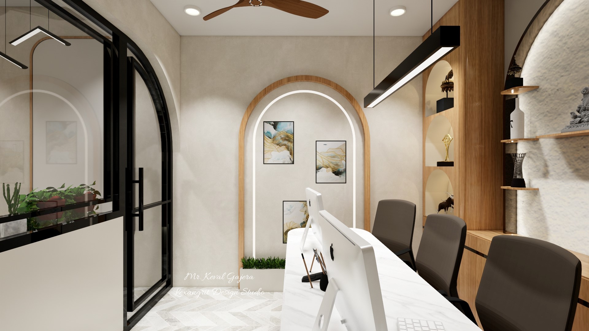 A boss cabin deadwall that finally earns its keep — arch panel adds architecture, profile light adds glow, and a forgotten wall becomes the room's best feature.