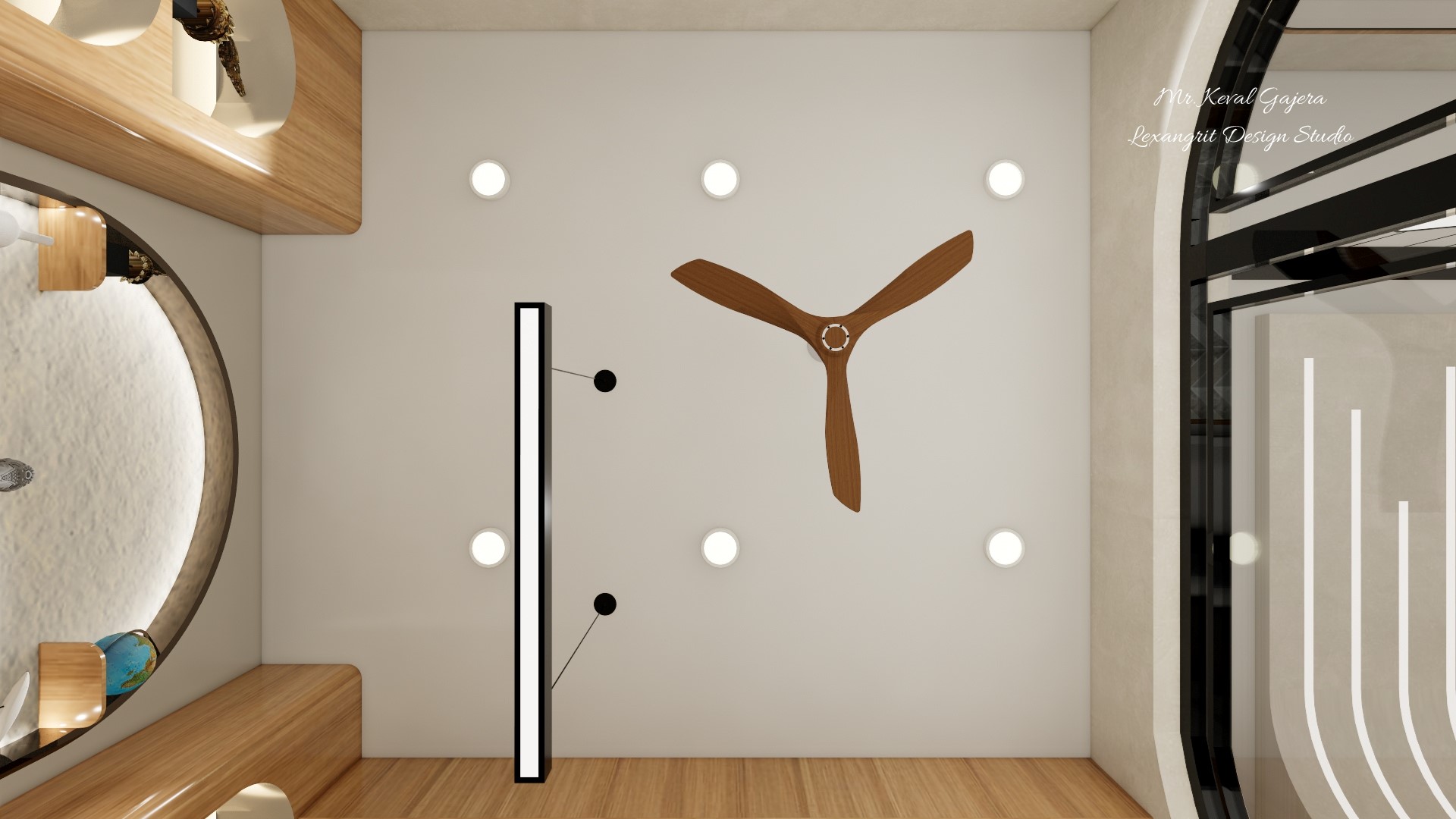 A Japandi boss cabin ceiling that balances form and function — single fan centered for quiet comfort, warm light layered in, and not a single wasted line.