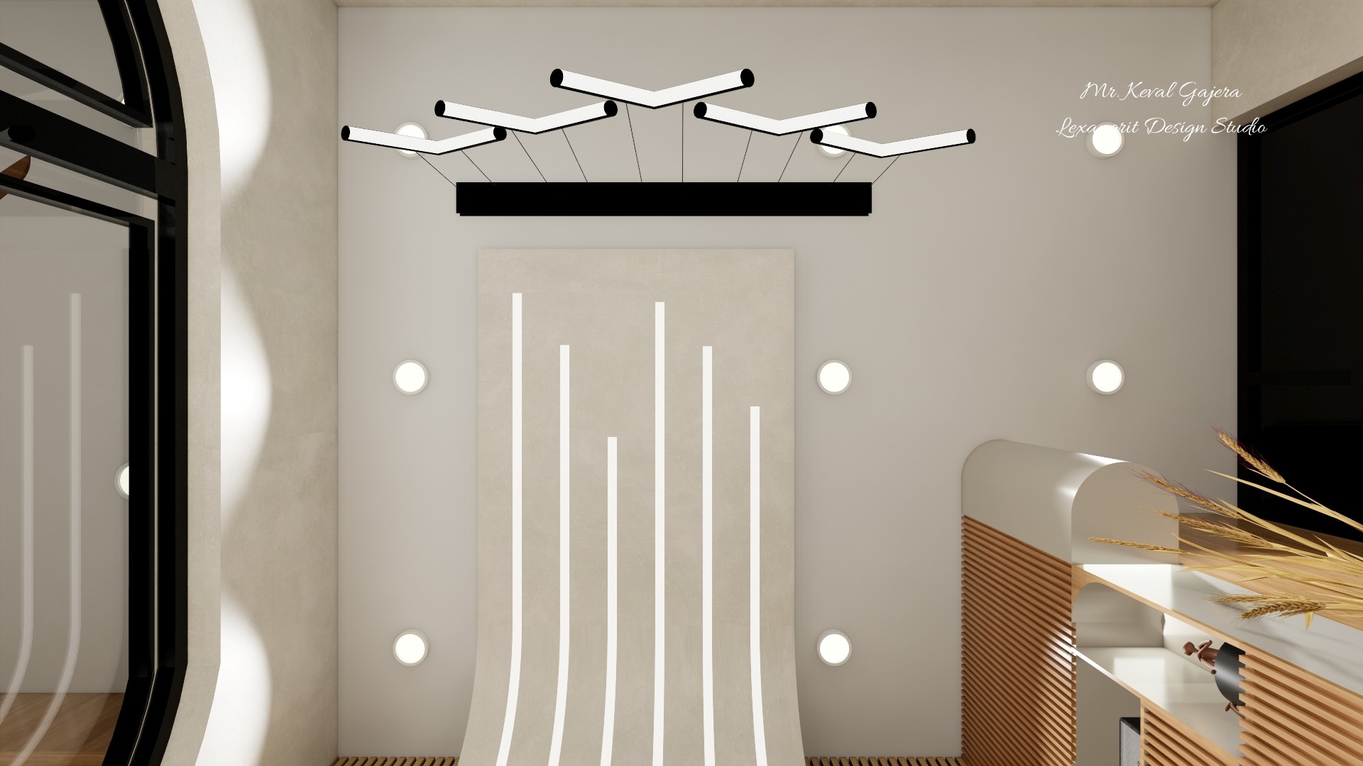 A reception ceiling that means business — profile lights trace a warm perimeter while a modern chandelier drops like sculpture, making every visitor look up.