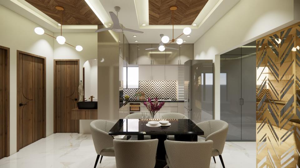 Dining room showcasing a comfortable seating area with a decorative chair, table, and a stylish front of kitchen area