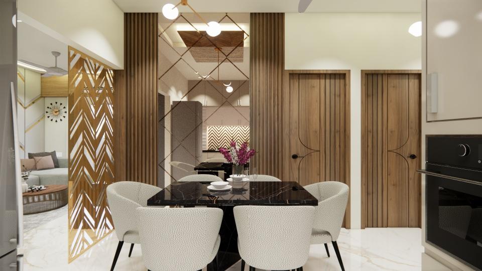 Dining room showcasing a comfortable seating area with a decorative chair, table, and a stylish partision