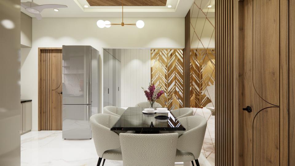 Dining room showcasing a comfortable seating area with a decorative chair, table, and a stylish partision