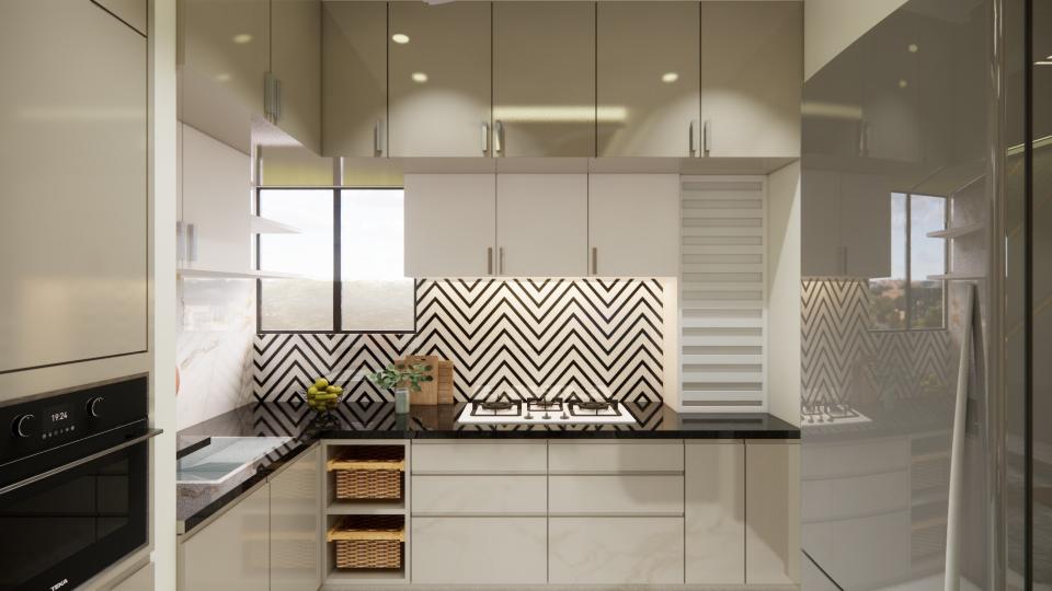 Kitchen cooking area and rollar shutter storage , wicker baskets