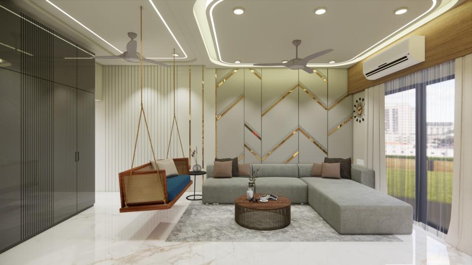 Living room showcasing decorative wall design and large sofa seating area front of center table and jhula