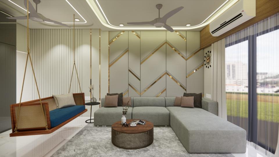 Living room showcasing decorative wall design and large sofa seating area front of center table and jhula