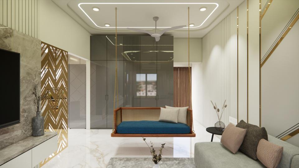 Living room showcasing jhula back side of decorative wardrobe design