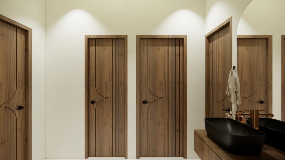 Wash area  sleek basin unit room entrance view