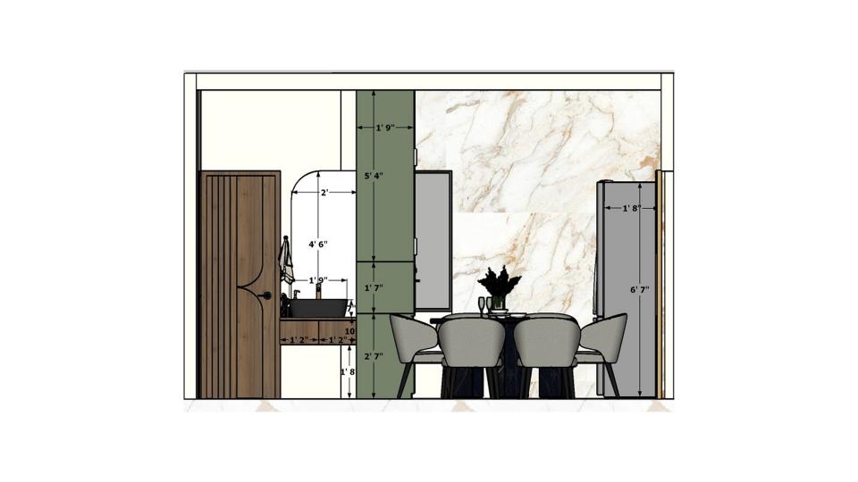 Wash area  sleek basin unit to dining and kitchen area view 2d dimensions