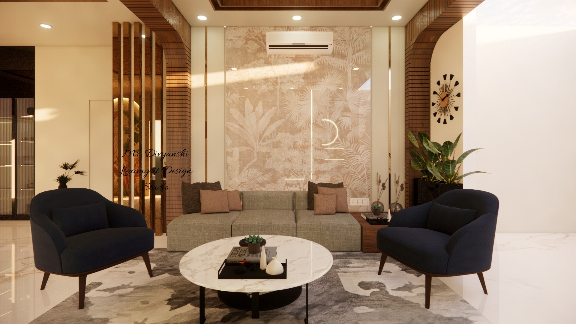 Modern living room sofa back wall design featuring a UV marble sheet with botanical print, vertical golden patti strips, wooden louver side panels, and an AC unit above. Includes a 3-seater sofa with navy accent chairs and marble coffee table.