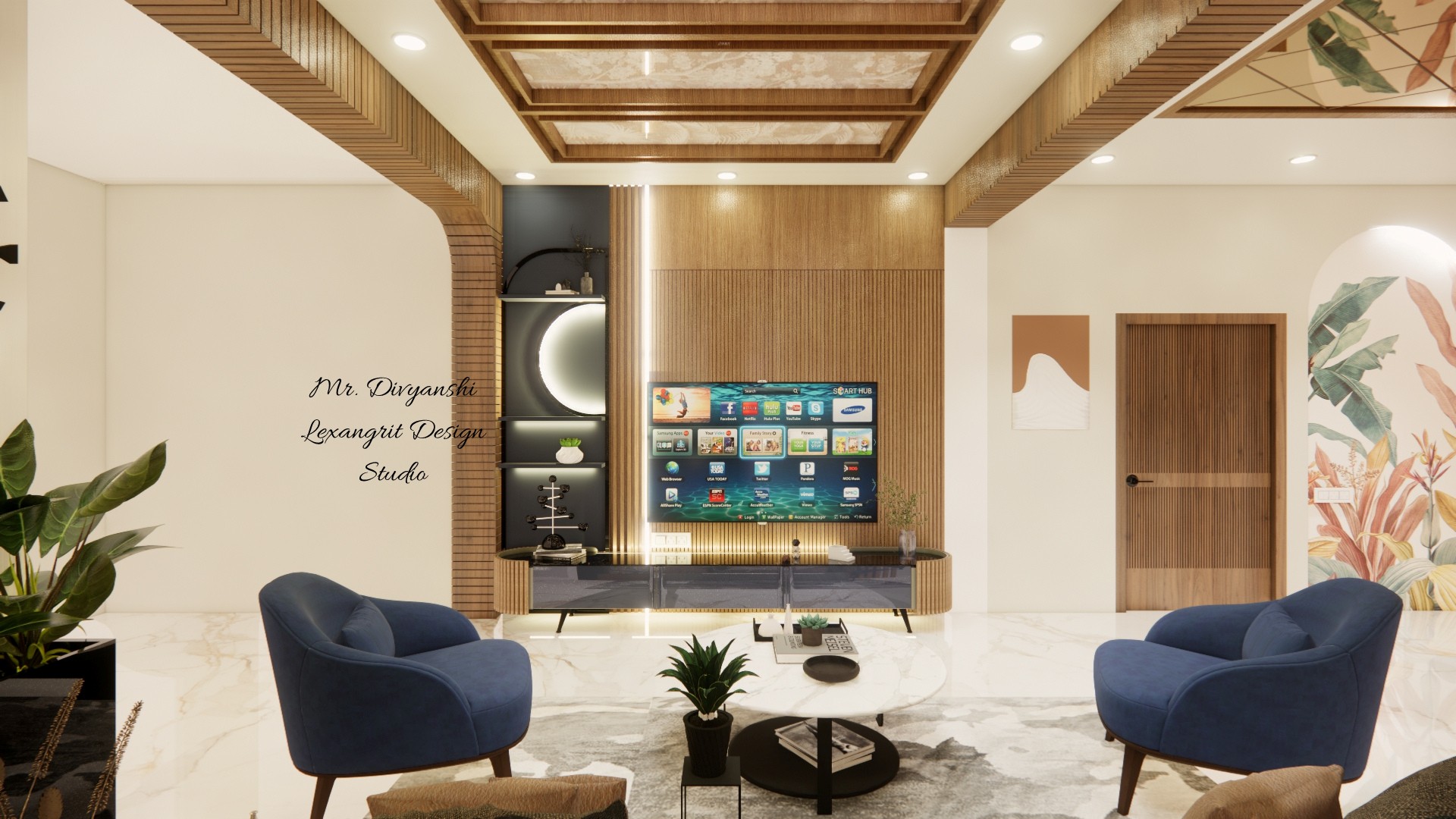 Living room wooden TV unit design with fluted wood panelling, wall-mounted 43-inch TV, black open shelving with decor, and wooden tray ceiling above