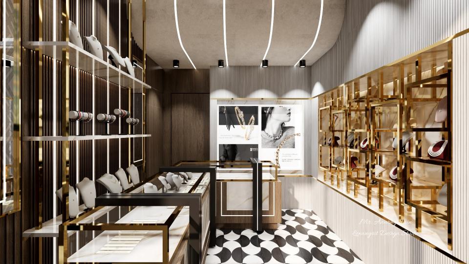 Jewellery shop reception table, showcase wall design with golden ss rode, veneer, fluted wall panel, marbel finish laminate