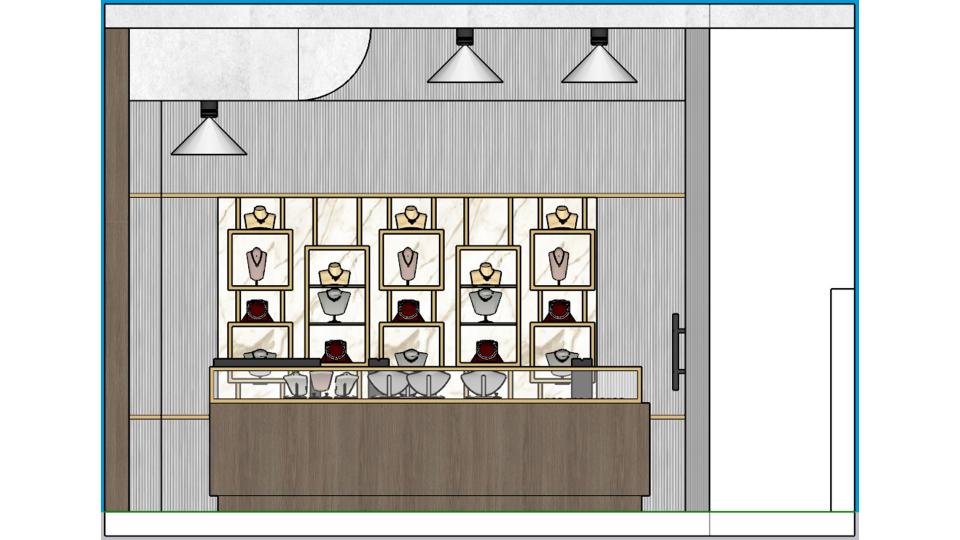 Jewellery shop showcase for jewellery design with golden ss rode, fluted wall panel 2d dimentions