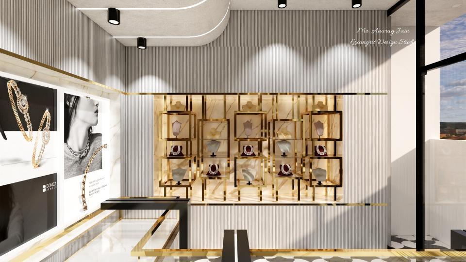 Jewellery shop showcase for jewellery design with golden ss rode, fluted wall panel