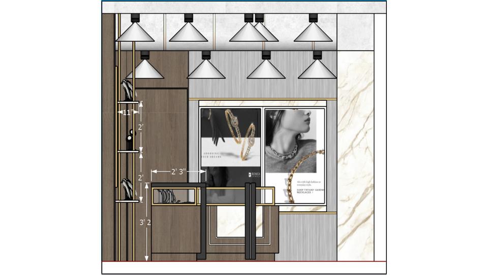 Jewellery shop showcase wall design with golden ss rode, veneer, fluted wall panel, marbel finish laminate 2D dimentions