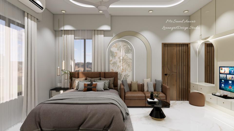 Master bedroom bedback with seating and hidden wall almira