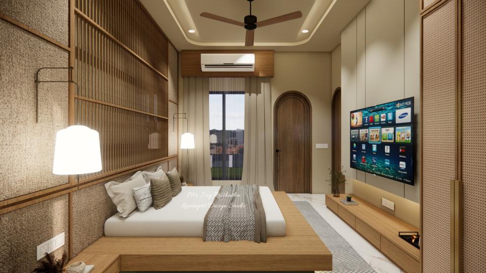 bedroom platform bed with sober TV unit