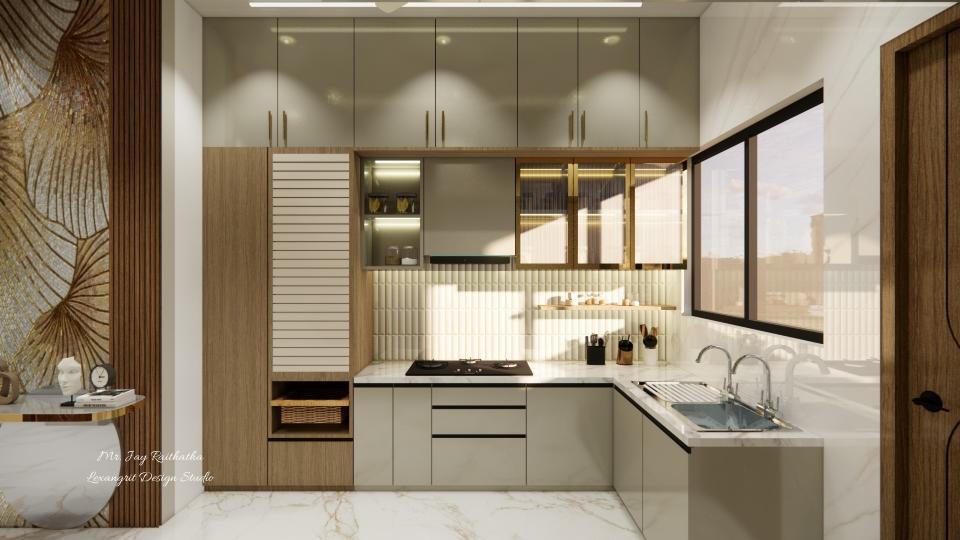 Kitchen with wiker busket, bottle pull out, 3 drawer unit andtall unit, golden framed wall caminates and lofts