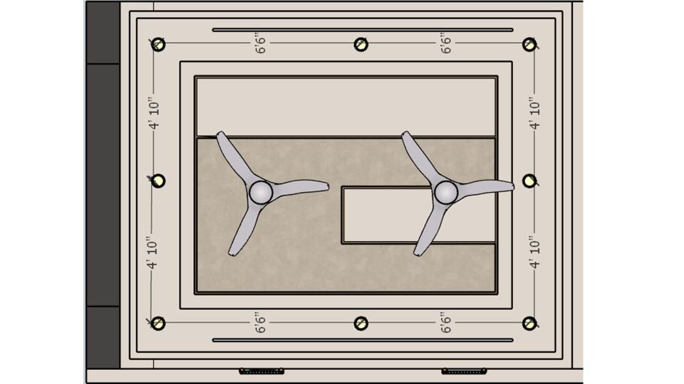 living room false ceiling with 2 fans and lamba profile lights size