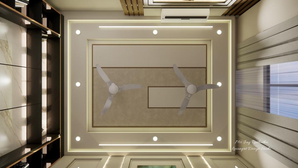 Top view of a living room false ceiling with long profile lights, recessed spot lights and two ceiling fans