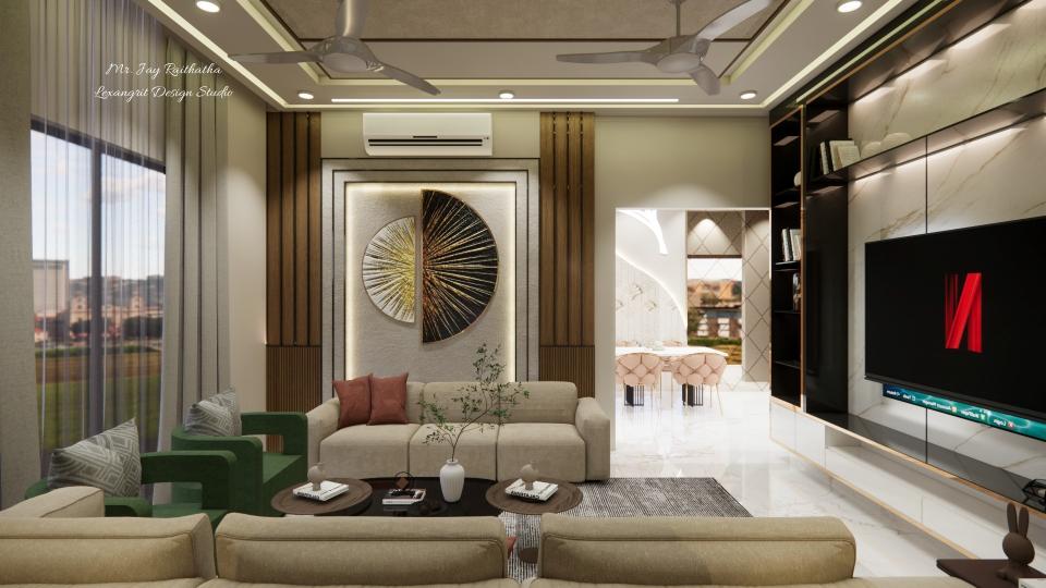 Luxury living room sofa back wall design with veneer wood slat paneling, circular art piece, and backlit niche in a villa interior