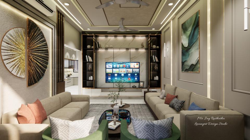 Luxury living room TV unit design with marble panel, black gold shelving, sofa back wall art, and LED profile light ceiling in villa interior