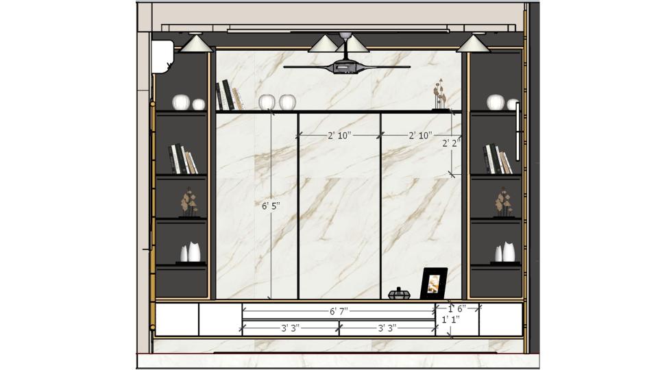 2D elevation drawing of luxury marble TV unit design with black gold shelving, dimensions, and pendant lights for villa living room