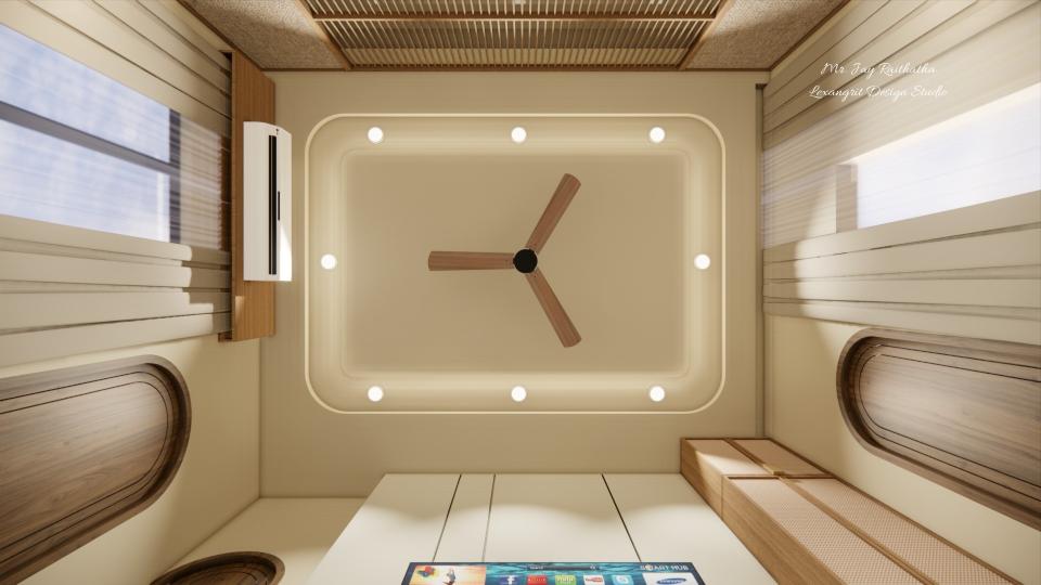 Minimal gypsum ceiling bedroom in beige tones with clean false ceiling design and subtle LED profile light detailing.