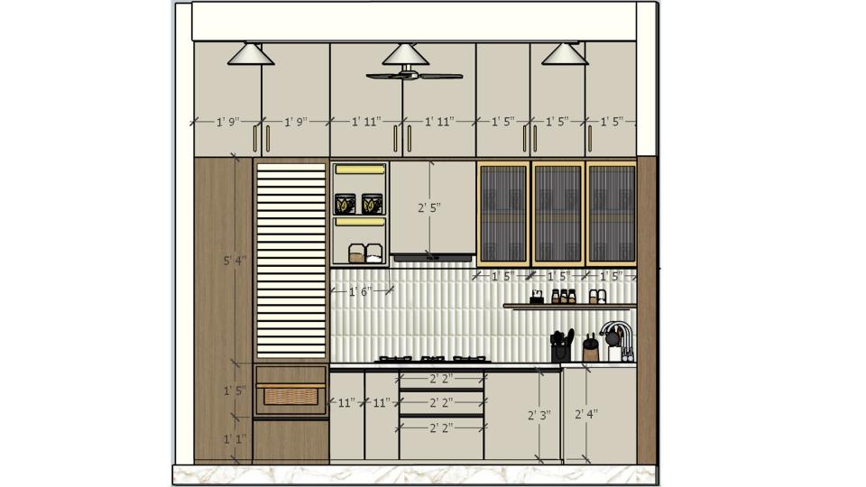 moduler Kitchen size of wiker busket, bottle pull out, 3 drawer unit andtall unit, golden framed wall caminates and lofts